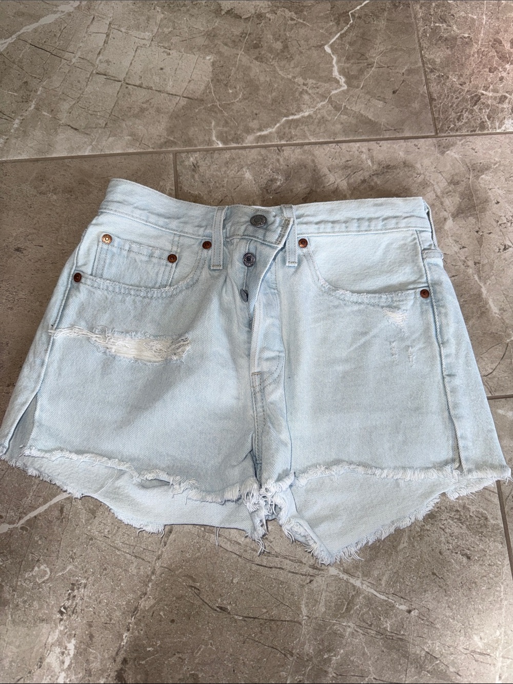 Levi's Light Blue High-Rise Distressed Jean Shorts